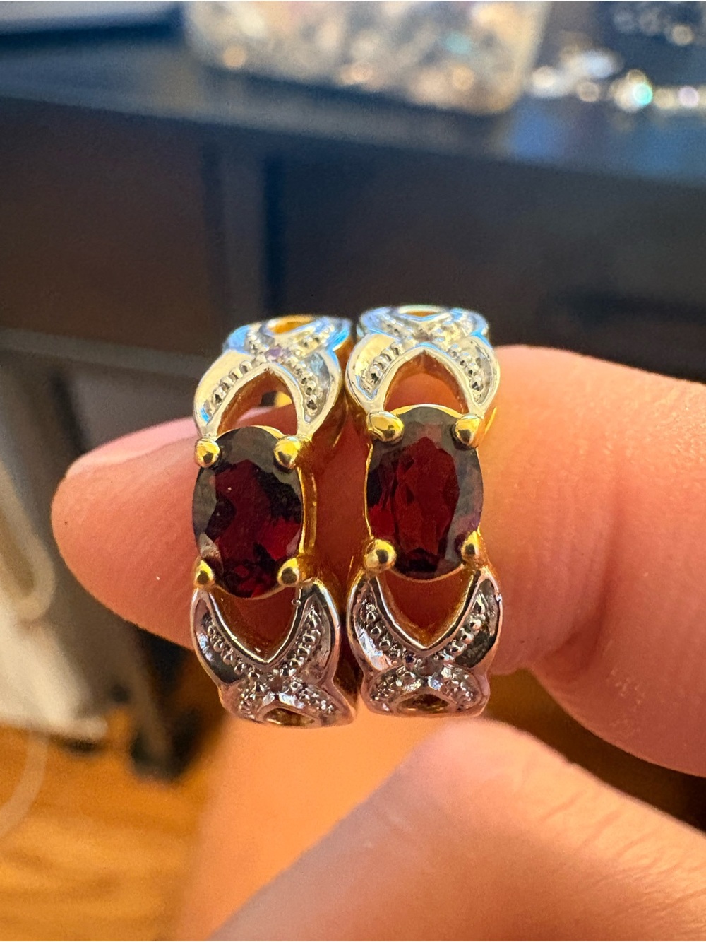 Elegant Garnet Gold and Silver Tone Metal  Hoop Earrings